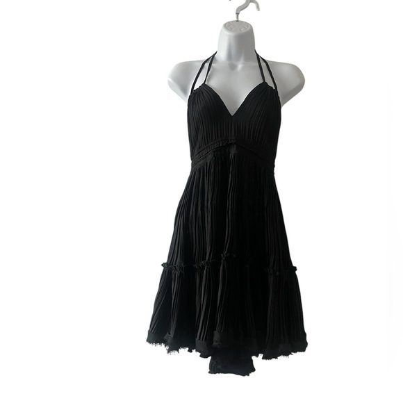 Black Halter Ruffle Mini Dress Small • Open Back • Fairycore Coachella Flowy Tie - Picture 3 of 14
